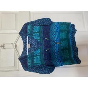 Rabbit Rabbit Rabbit Designs Women's Blue and Green Patterned Blouse Size Medium